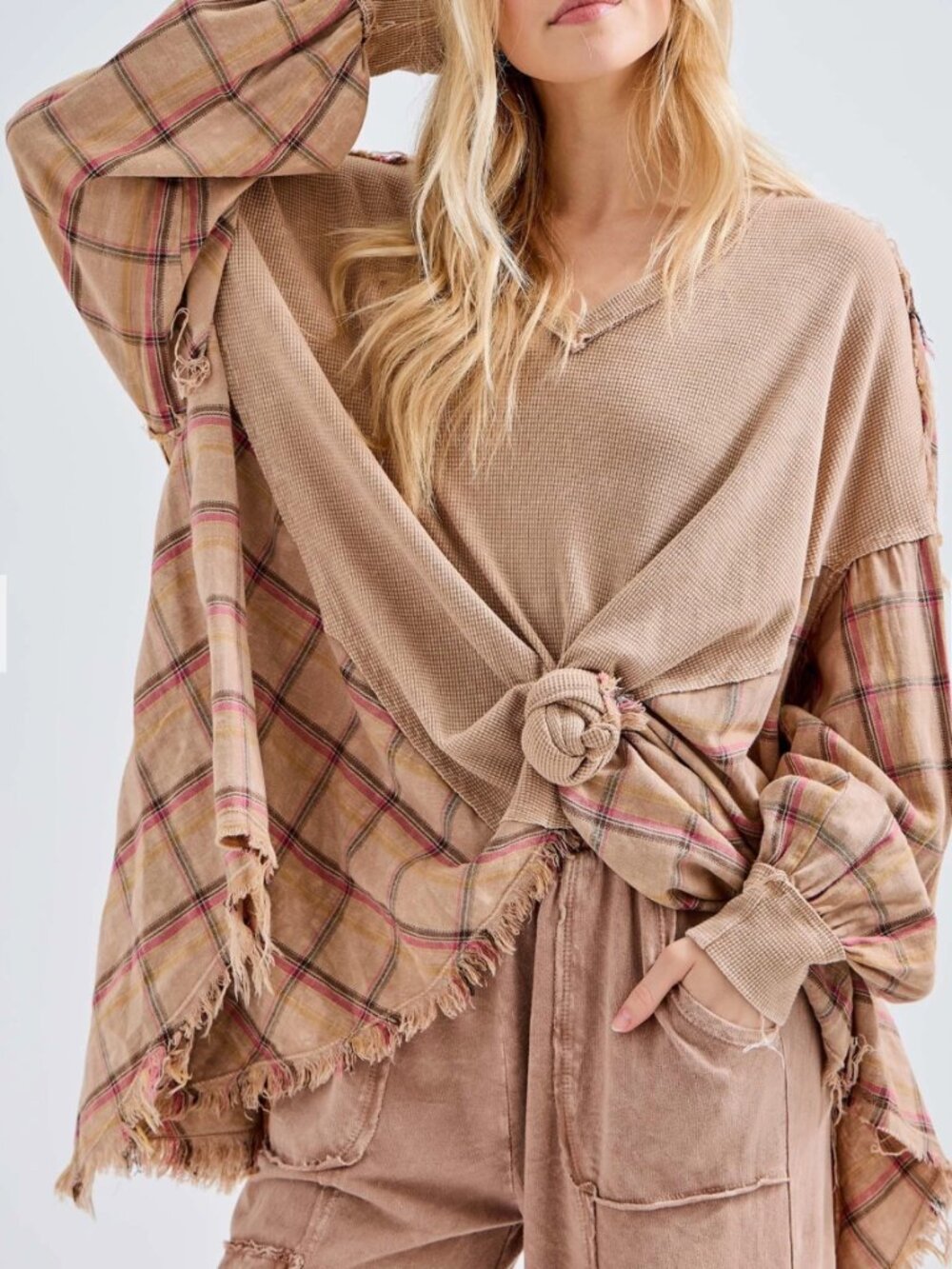 Boho Plaid Sleeve Patchwork Top Plaid with Boho Plaid Sleeve Patchwork